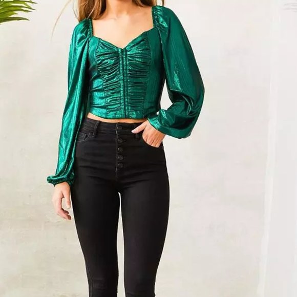 NWT!!! Privy Green Metallic Ruched Corset Cropped Top - Picture 4 of 4